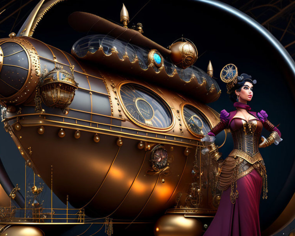 Victorian woman next to steampunk airship under night sky