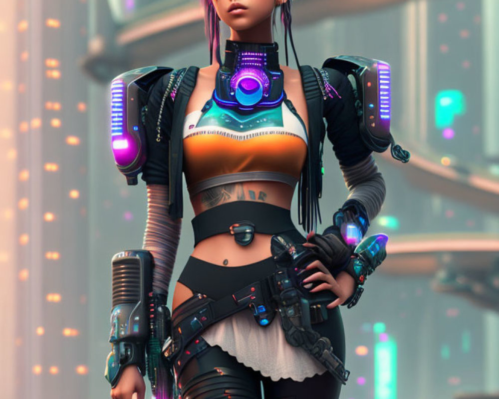 Futuristic woman with purple hair and cybernetic enhancements in neon-lit cityscape.