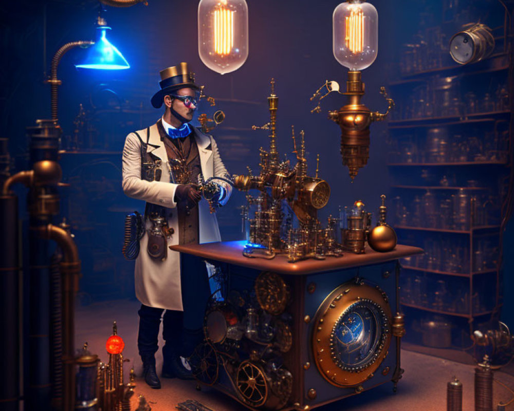 Steampunk-themed individual with goggles and top hat at a contraption-filled table