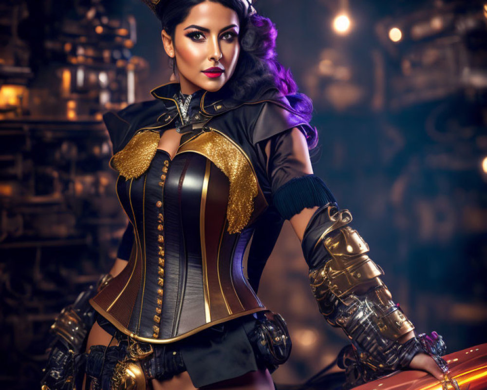 Steampunk-inspired woman with corset and mechanical arm brace in confident pose