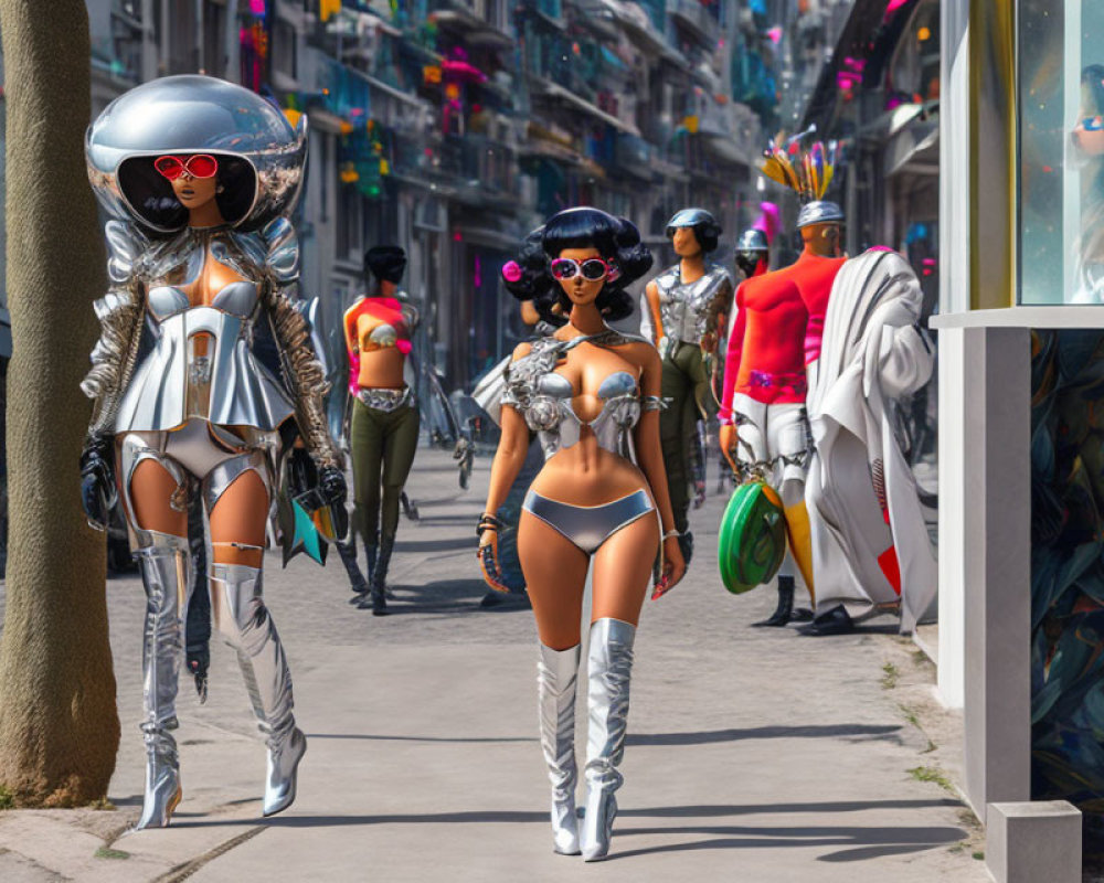 Futuristic city street with stylish people and robots in avant-garde costumes.