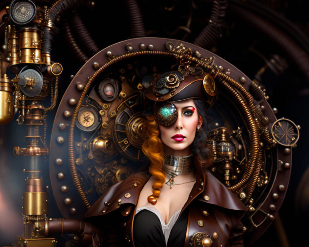 Steampunk-themed portrait of woman in Victorian outfit with top hat and monocle