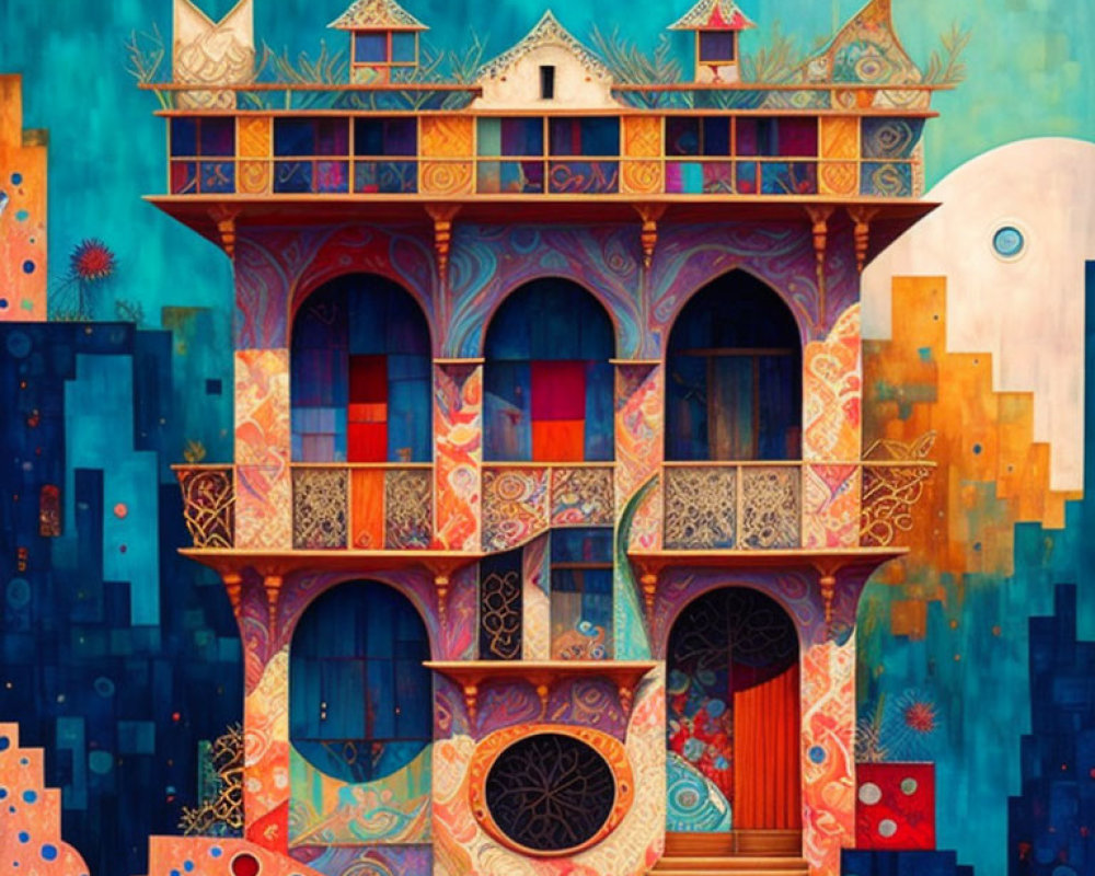 Colorful surreal painting: ornate multi-tiered house on abstract blue background