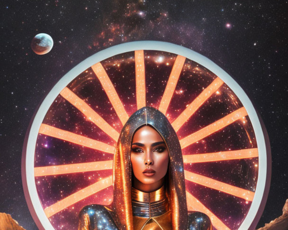 Futuristic gold spacesuit woman in cosmic landscape