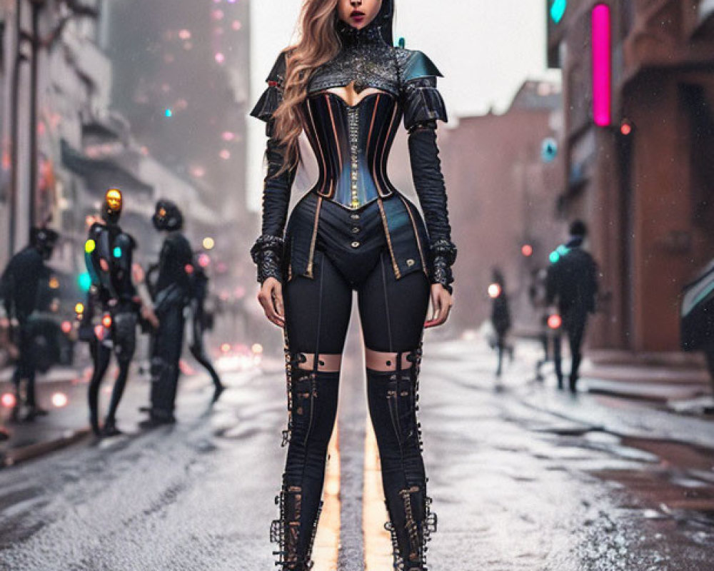 Futuristic woman in black outfit on neon-lit street