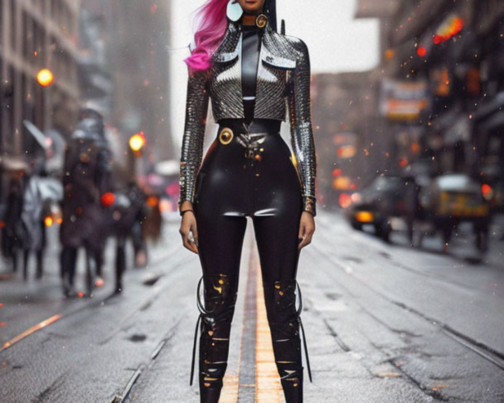 Stylized woman with pink hair and sunglasses in black outfit on city street