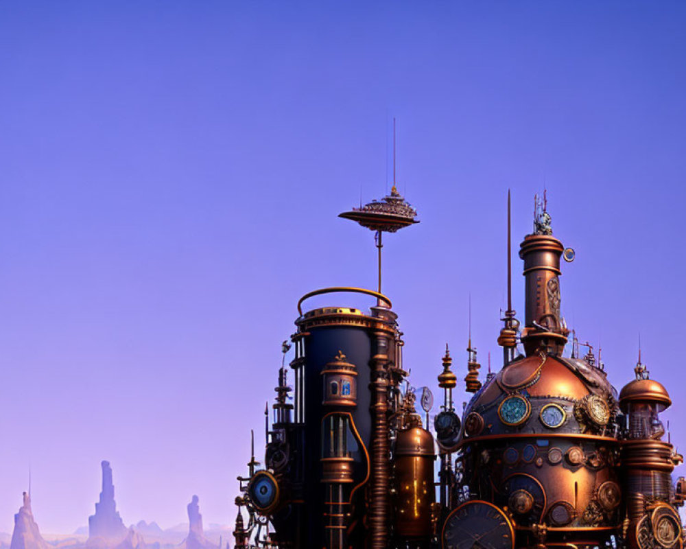 Fantastical steampunk city illustration with copper structures and mechanical towers