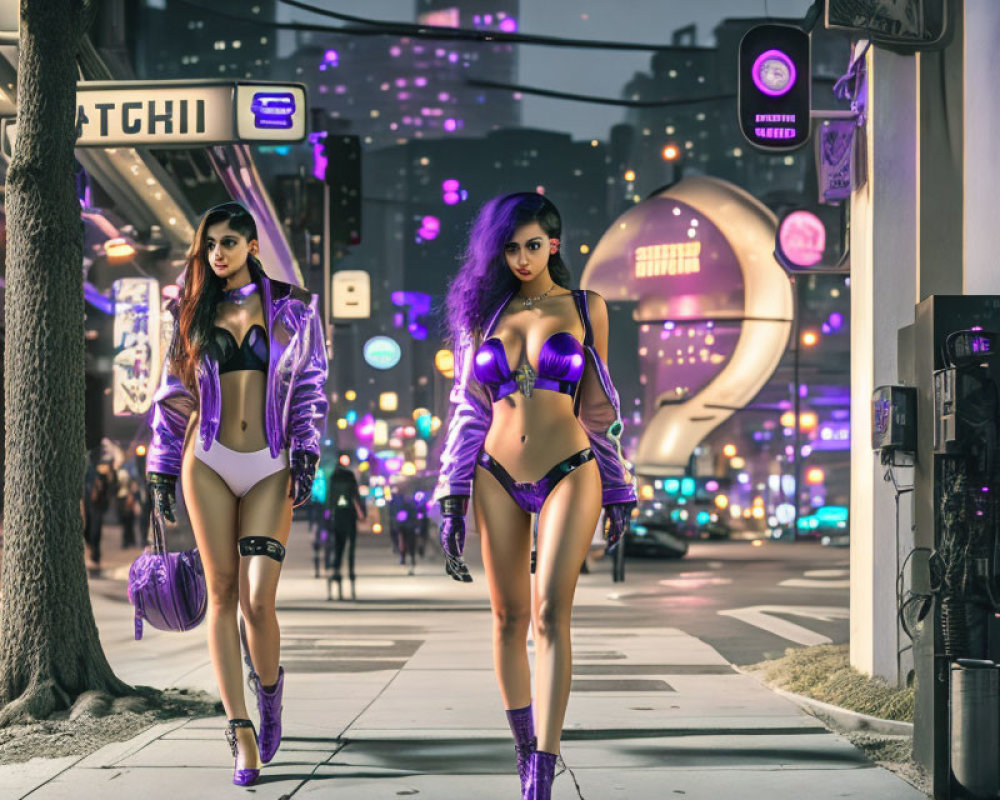 Futuristic women in purple outfits on city street with neon lights