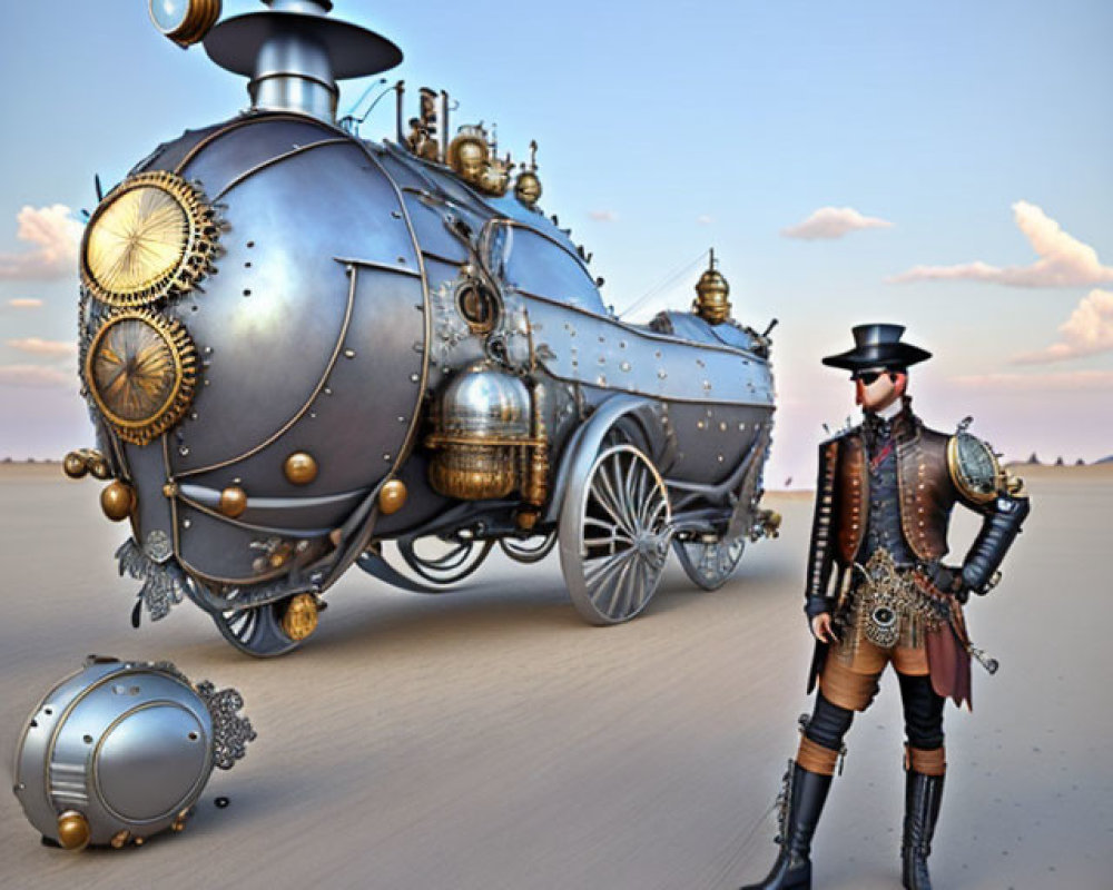 Steampunk attire person with vehicle in flat landscape