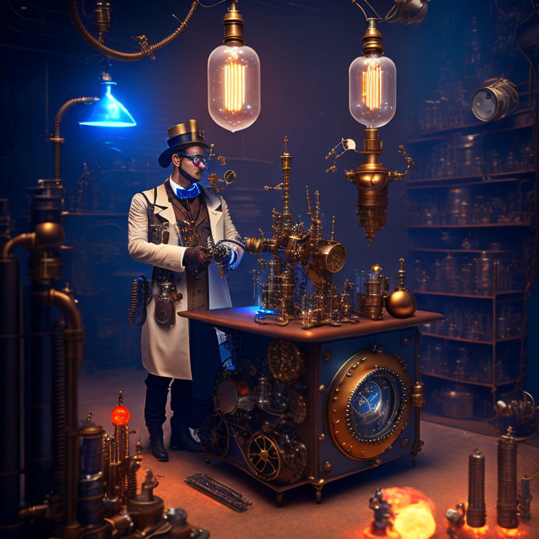 Steampunk-themed individual with goggles and top hat at a contraption-filled table