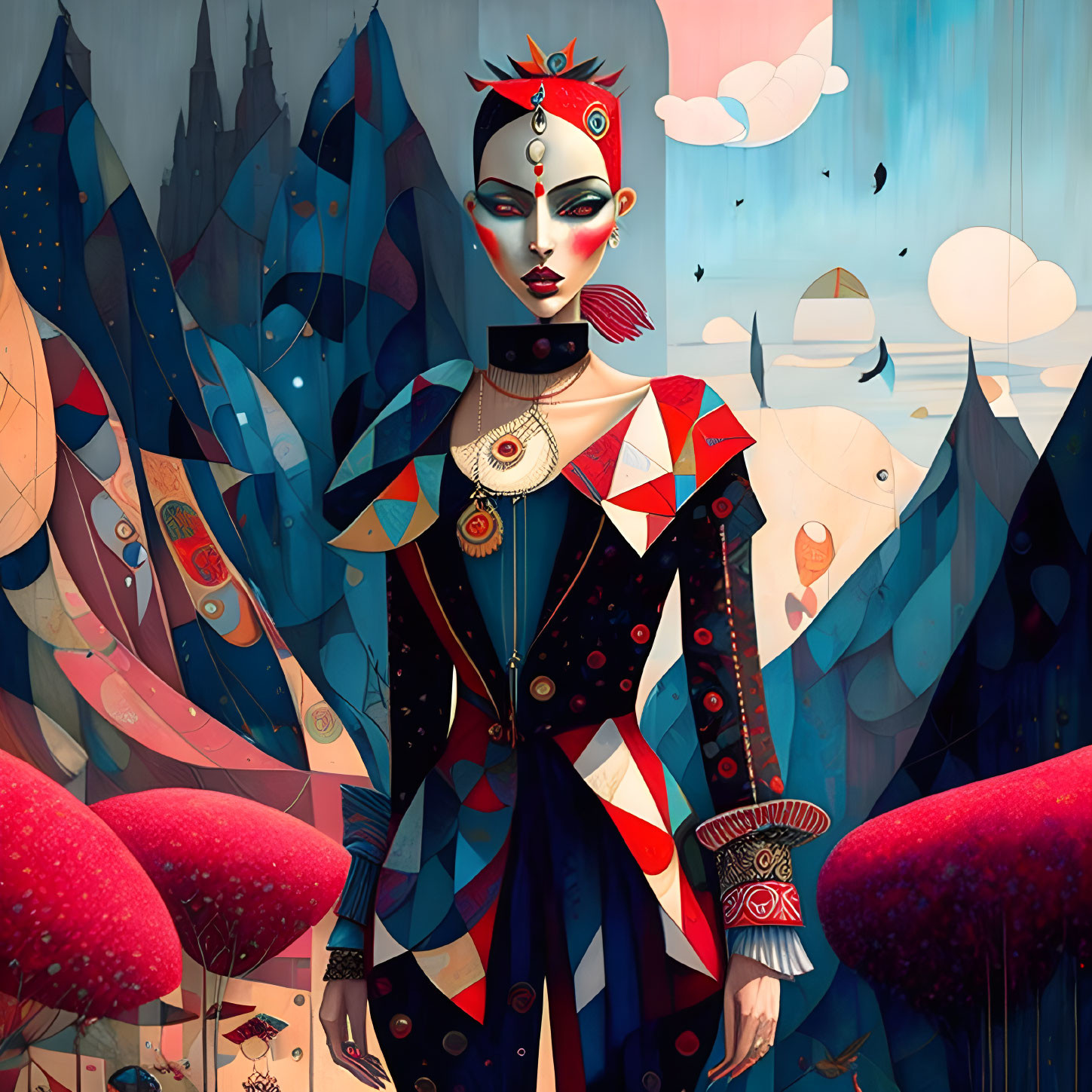 Geometrically dressed woman in whimsical fantasy scene