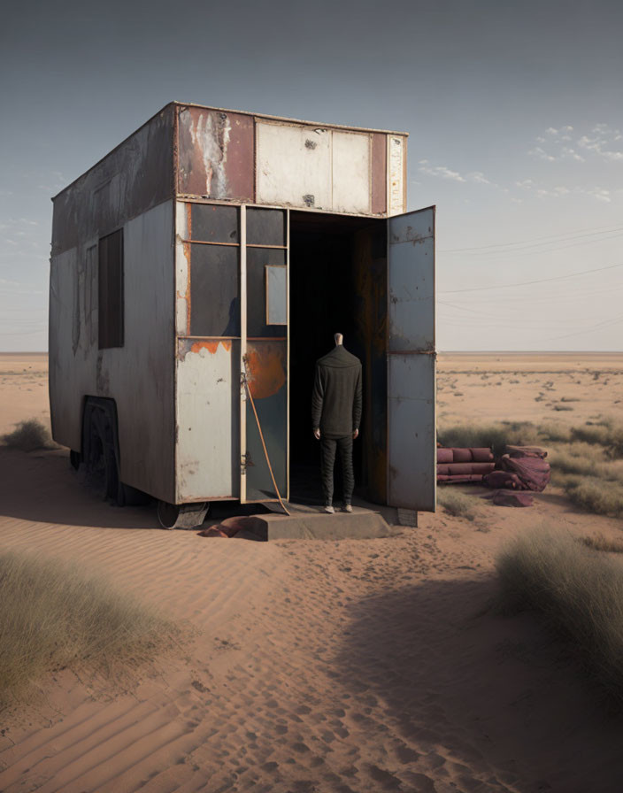 Desert scene: man in weathered trailer, abandoned sofa in sand