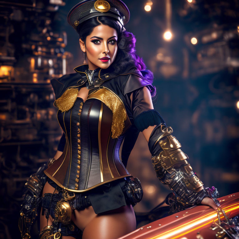 Steampunk-inspired woman with corset and mechanical arm brace in confident pose