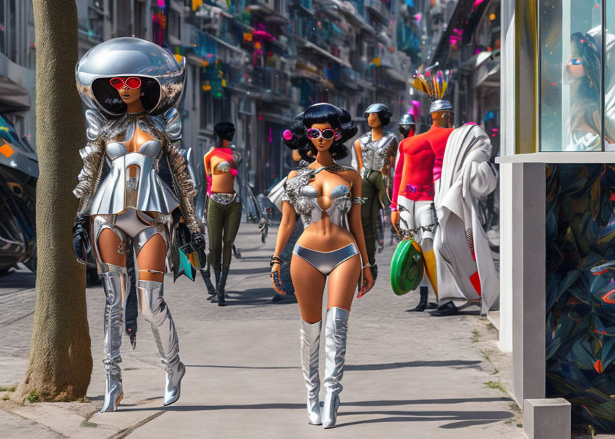 Futuristic city street with stylish people and robots in avant-garde costumes.