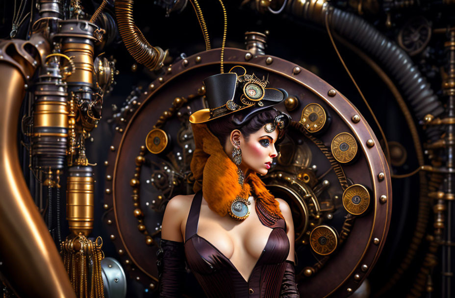 Steampunk woman with top hat, goggles, corset, brass gears & pipes