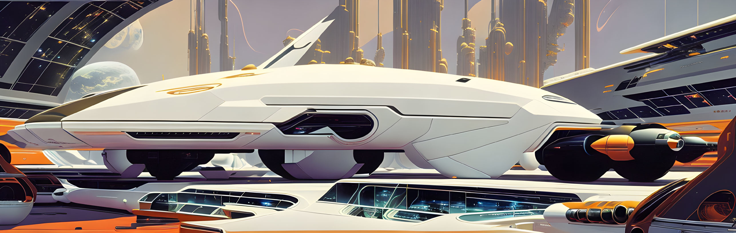 Sleek white futuristic spaceship at spaceport with advanced ships and towering structures