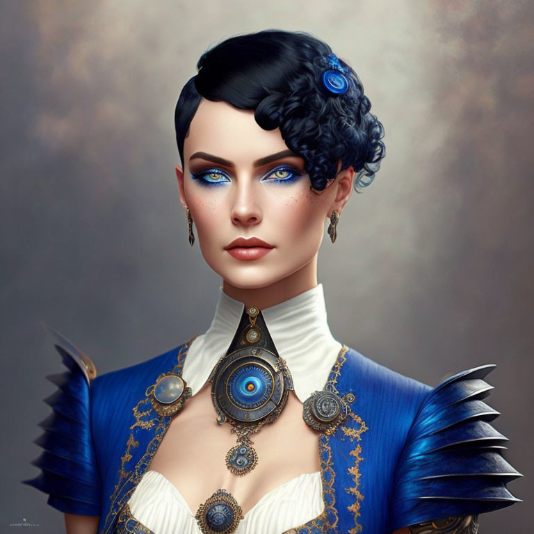 Portrait of a Woman with Blue Eyes and Victorian Blue Outfit