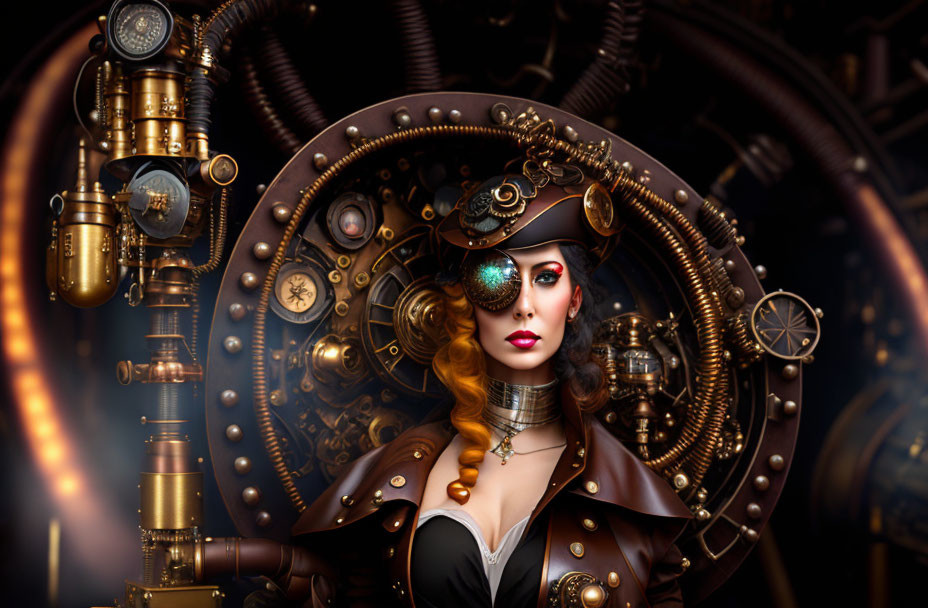 Steampunk-themed portrait of woman in Victorian outfit with top hat and monocle