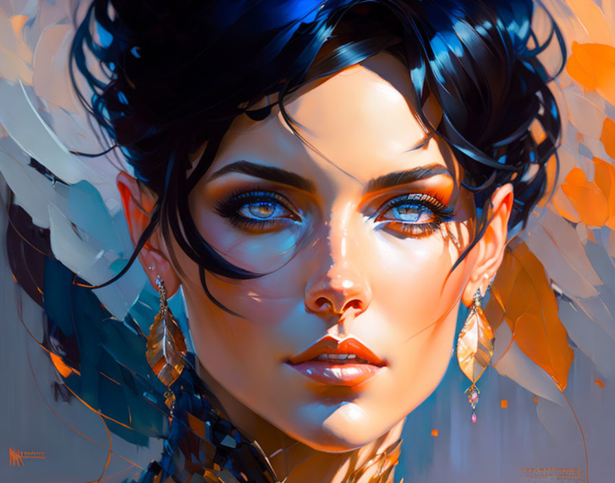 Digital artwork: Woman with blue eyes, dark hair, ornate earrings on warm-toned abstract backdrop