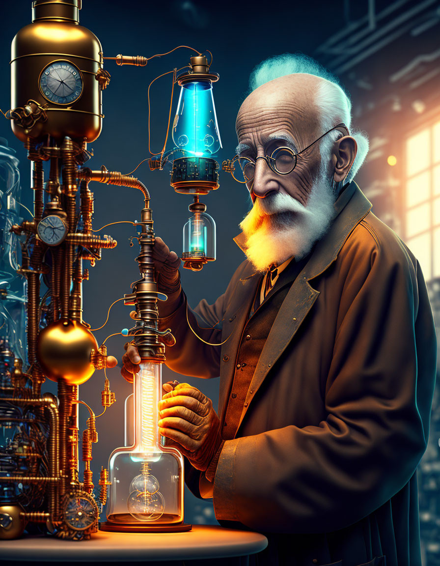 Elderly man in brown coat tinkering with steampunk apparatus