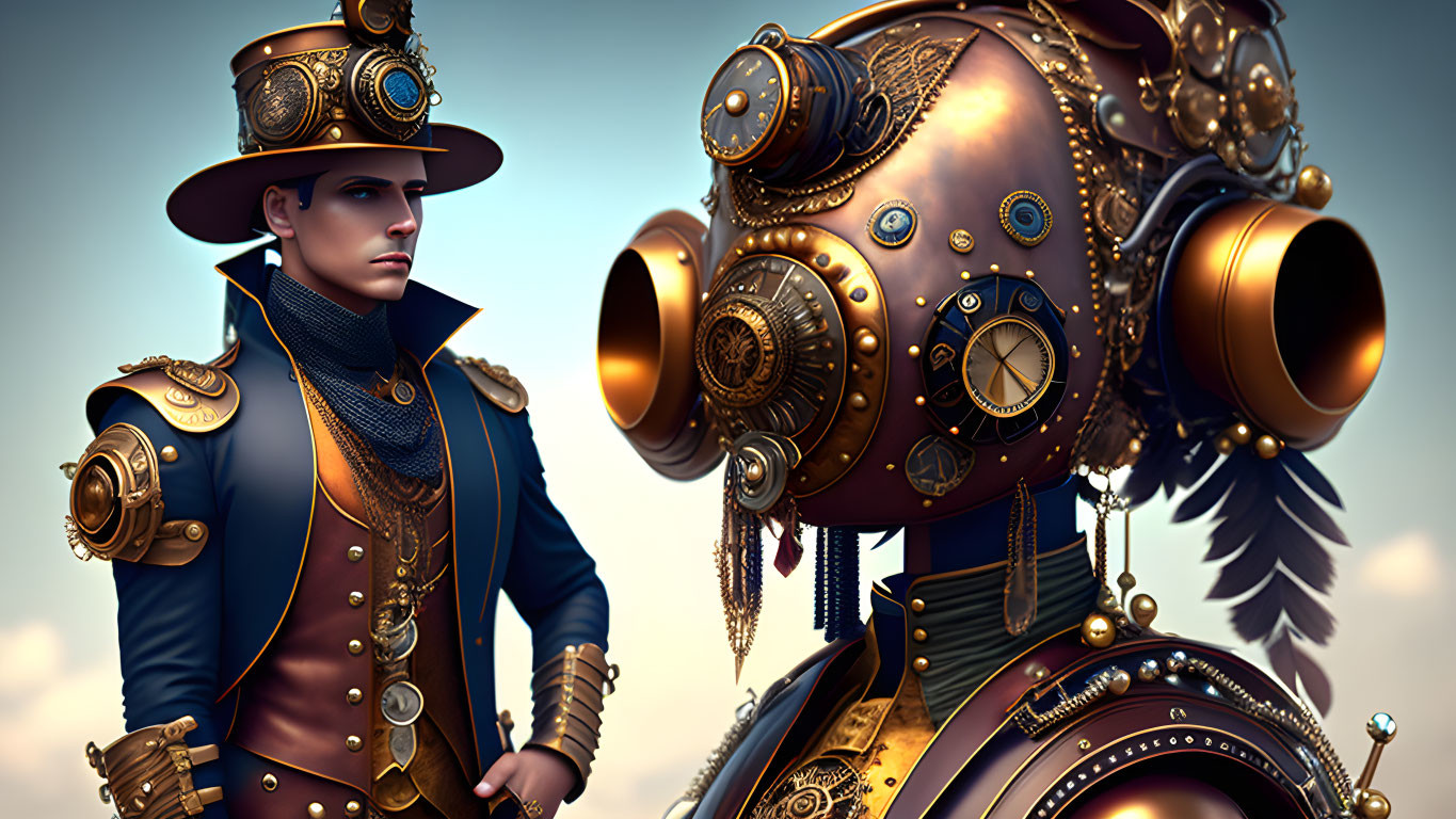 Person and steampunk robot in brass and gears on blue background