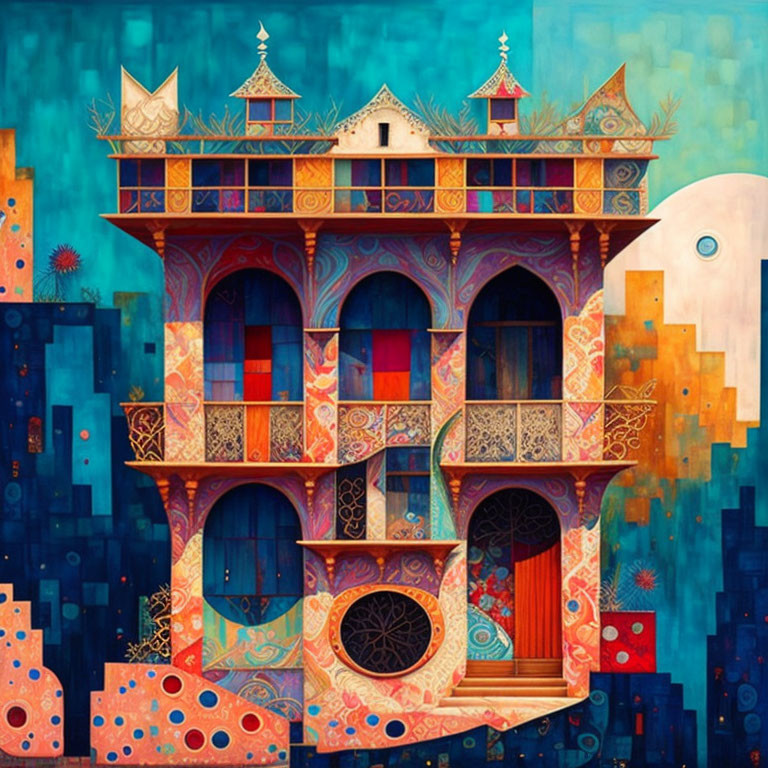 Colorful surreal painting: ornate multi-tiered house on abstract blue background