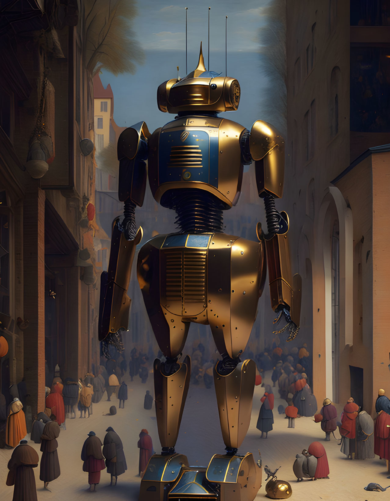 Golden towering robot in dimly-lit street among crowd