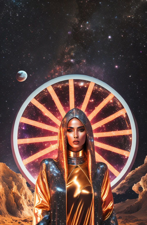 Futuristic gold spacesuit woman in cosmic landscape