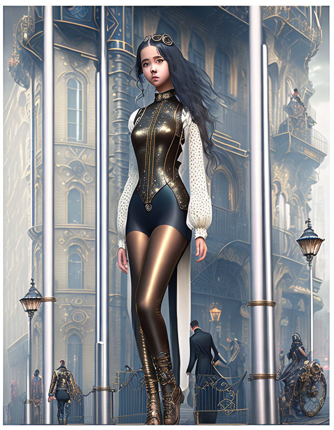 Futuristic steampunk digital art: Woman in city with advanced machines