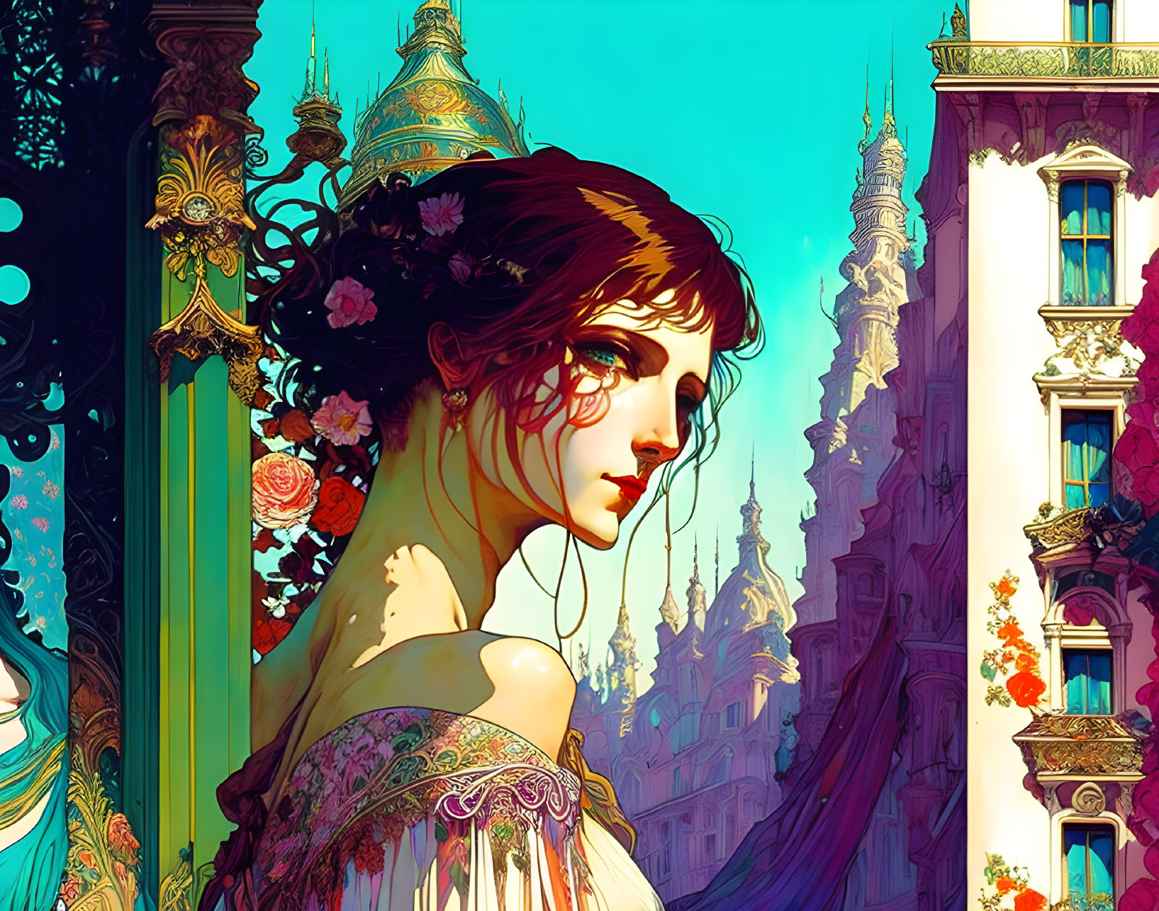 Woman with Flowered Hair in Vibrant Fantasy Scene