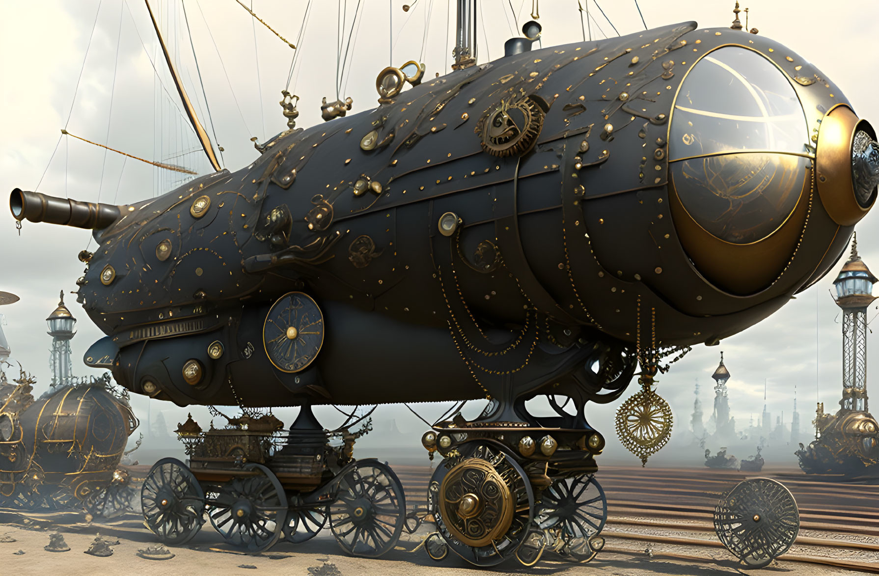 Steampunk-style submarine on wheels with intricate gears in industrial setting