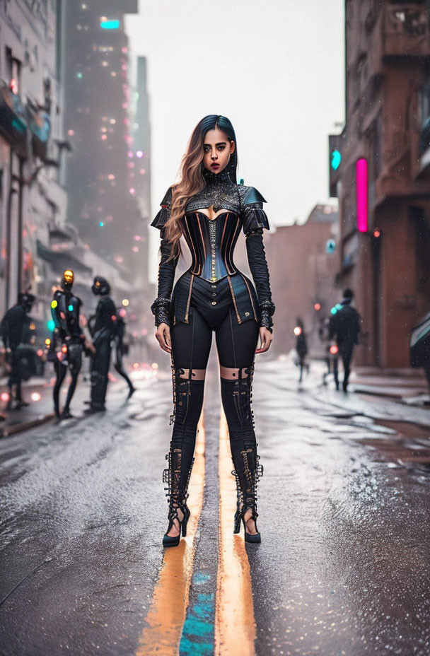 Futuristic woman in black outfit on neon-lit street