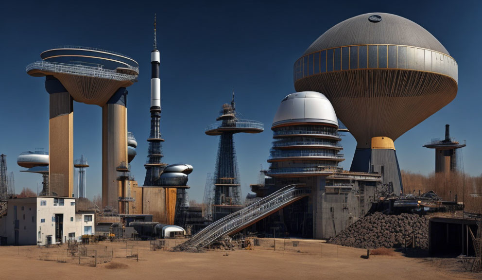 Futuristic industrial scene with towering structures and rocket in clear blue sky