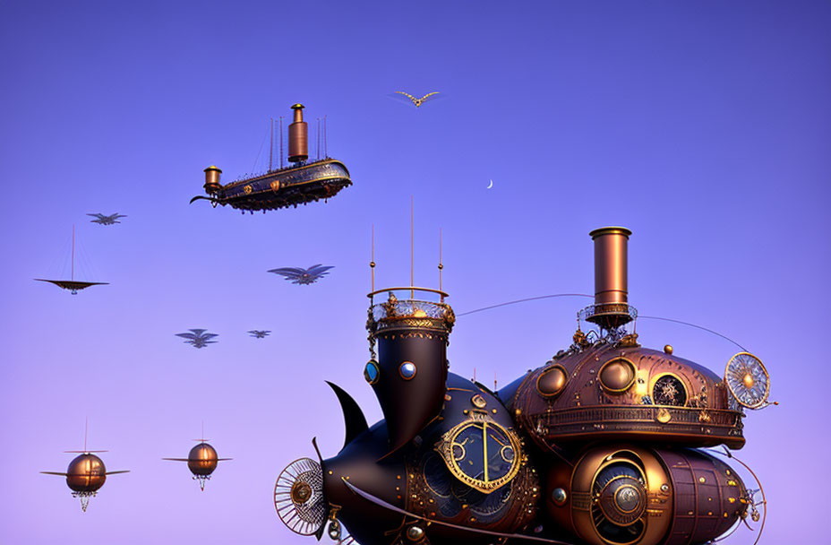 Intricate Steampunk-style airships in a purple sky with mechanical creatures