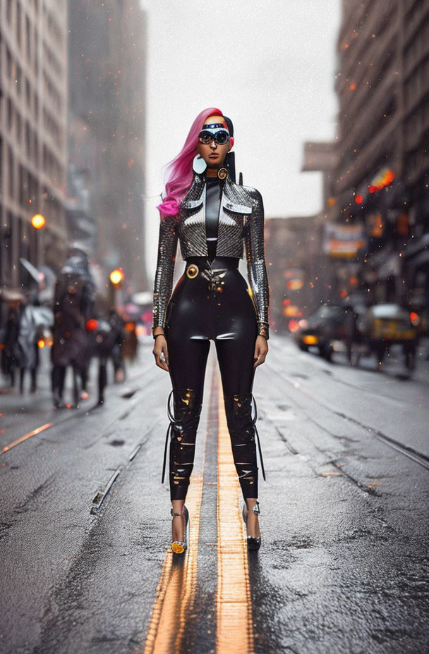 Stylized woman with pink hair and sunglasses in black outfit on city street