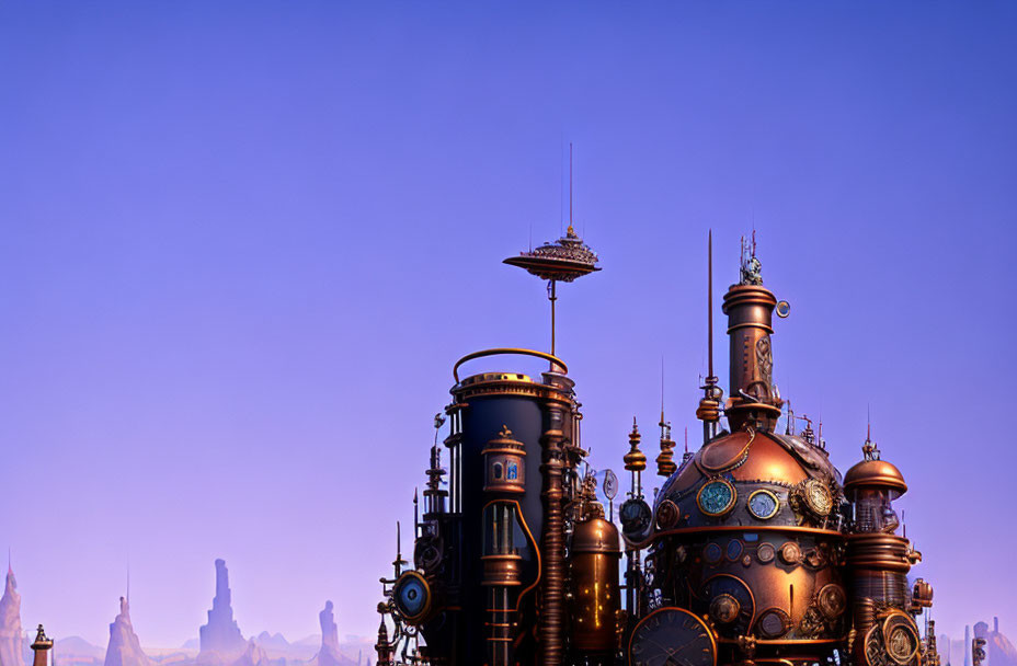 Fantastical steampunk city illustration with copper structures and mechanical towers