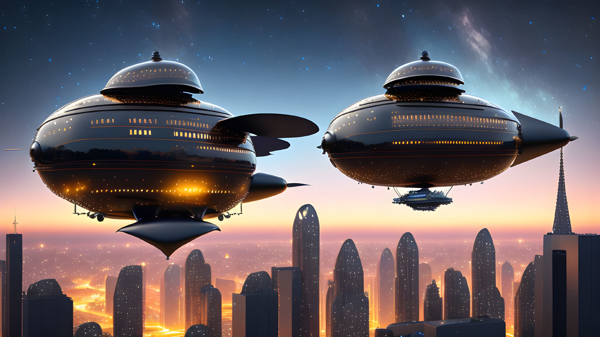 Futuristic airships over sprawling cityscape at dusk