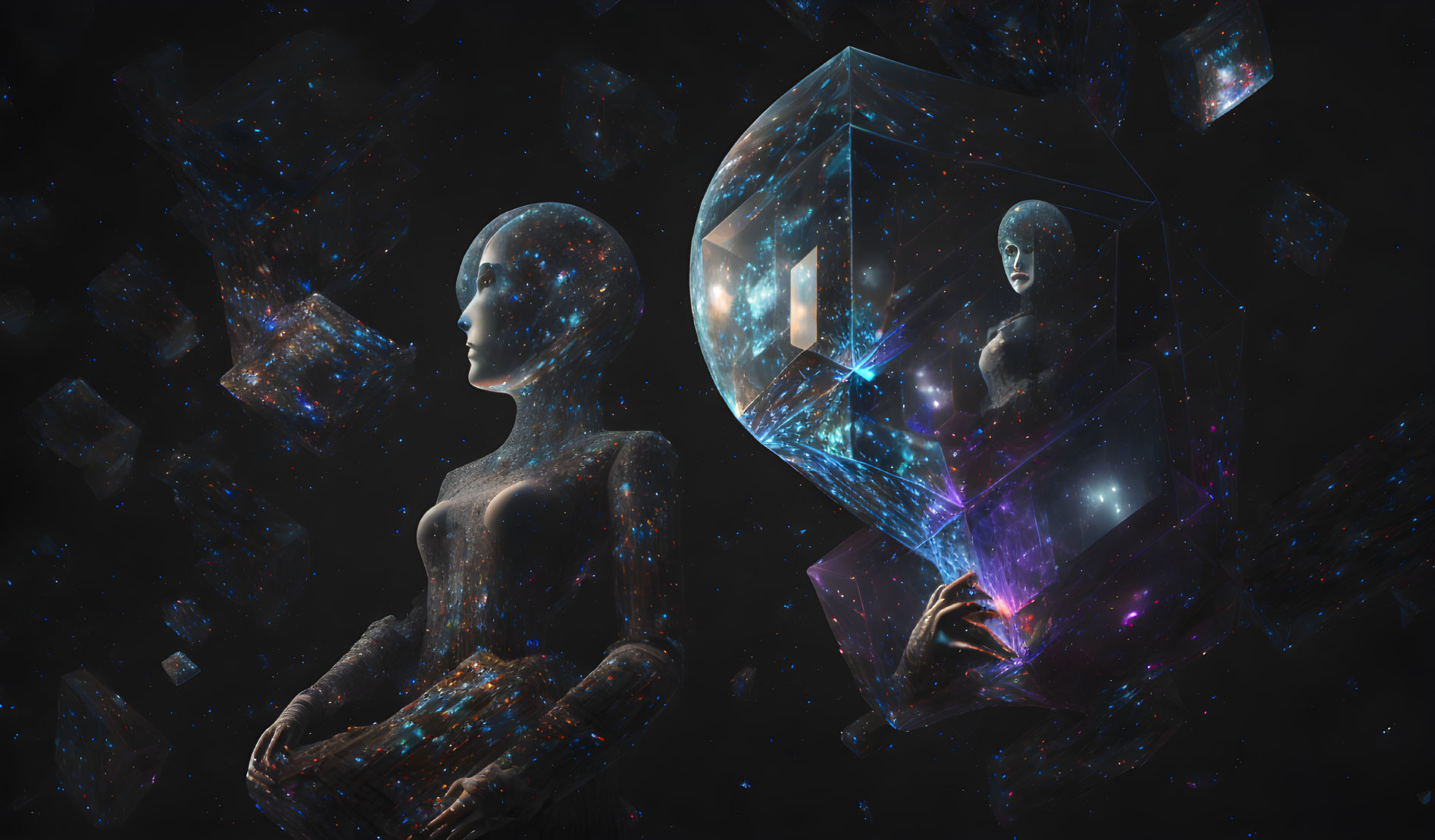 Digital artwork: Cosmic-themed humanoid figures with starry textures in transparent bodies