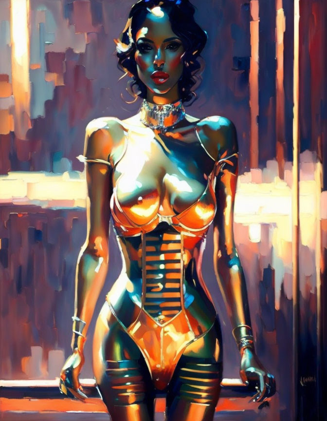 Futuristic female figure with metallic skin in corset against warm abstract background