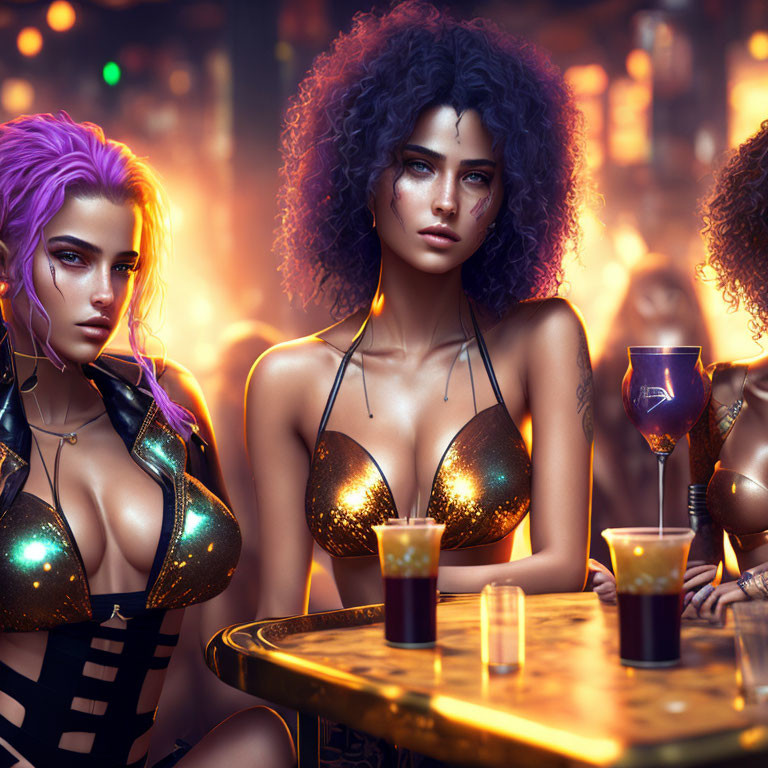 Vibrant neon-lit bar scene with three stylized women and colorful hair.