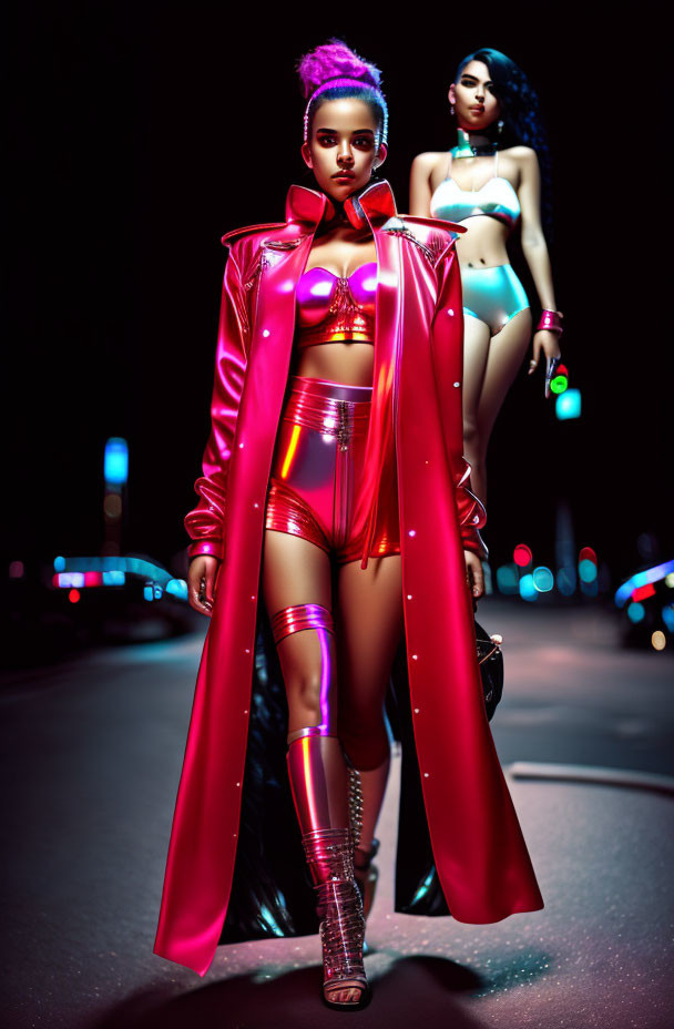 Futuristic fashion: Two women in neon-lit street at night