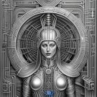 Detailed futuristic female figure surrounded by ornate metallic designs & celestial motifs