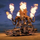 Steampunk octopus sculpture with glowing lamps in desert sky