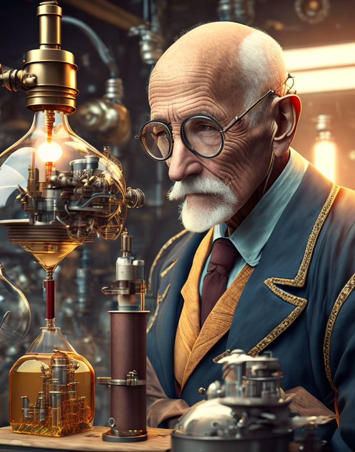 Elderly Scientist in Blue Uniform Examines Glass Apparatus in Steampunk Laboratory