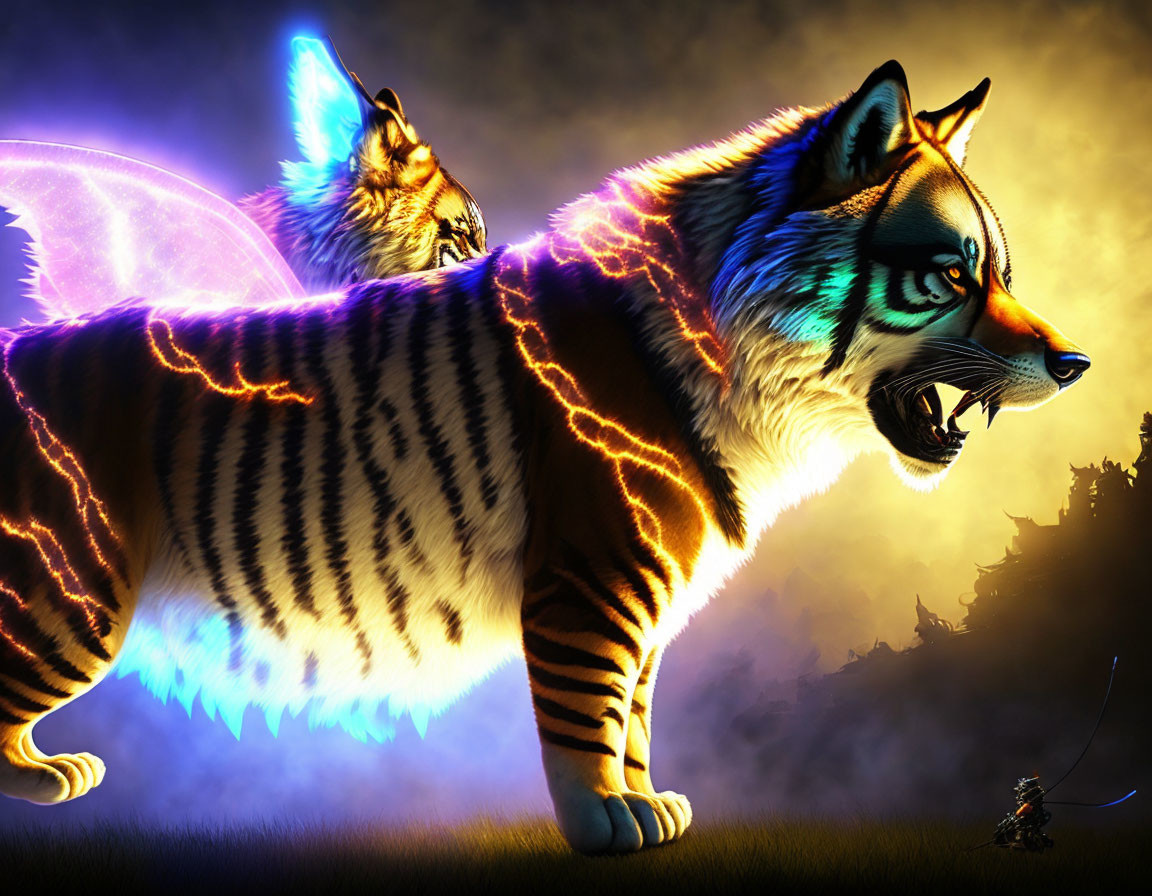 Glowing winged tiger in neon stripes confronts tiny figure