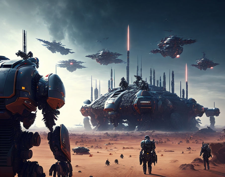 Futuristic sci-fi scene: robotic mechs, airborne ships, advanced tech on desert planet