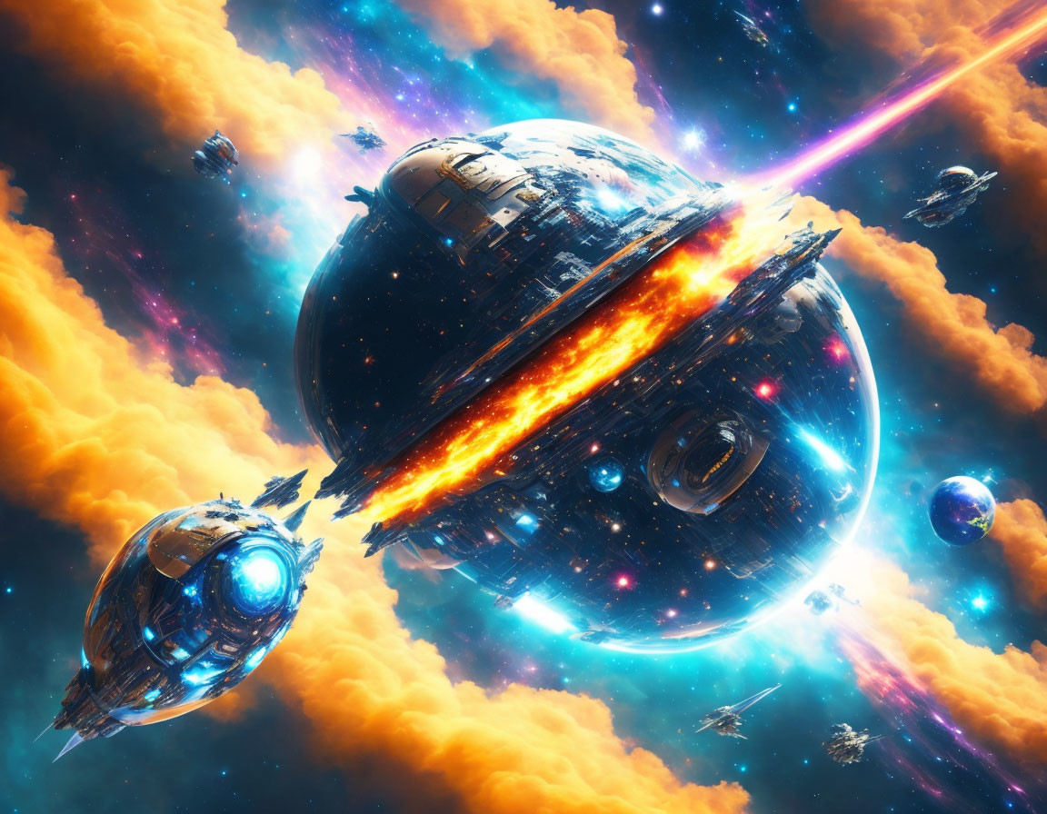 Sci-fi scene with celestial bodies, spaceships, fiery clouds, and cosmic energy beams