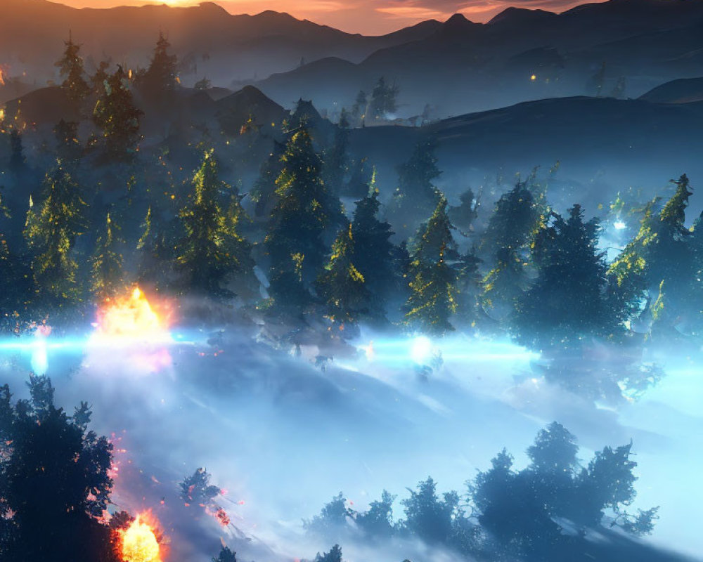 Misty forest landscape at twilight with blue and orange hues