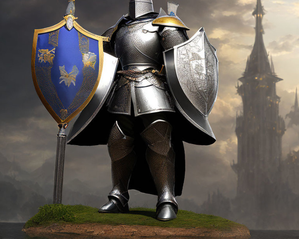 Knight in Shining Armor with Sword and Shields in Digital Art