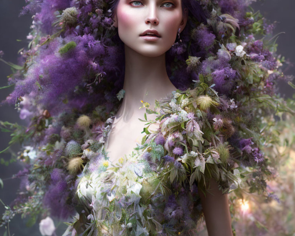 Woman with Lavish Purple and Green Floral Halo